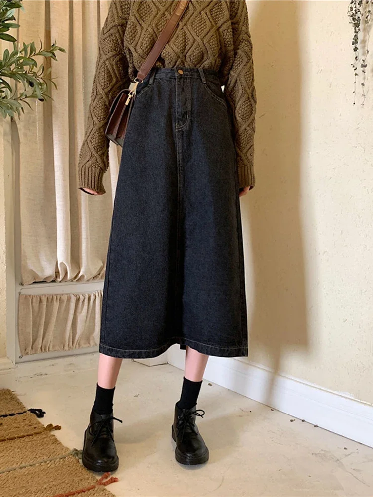 

Женская джинсовая юбка с завышенной талией, винтажная свободная трапециевидная юбка в Корейском стиле, длинная юбка до середины икры, ML242, Осень-зима