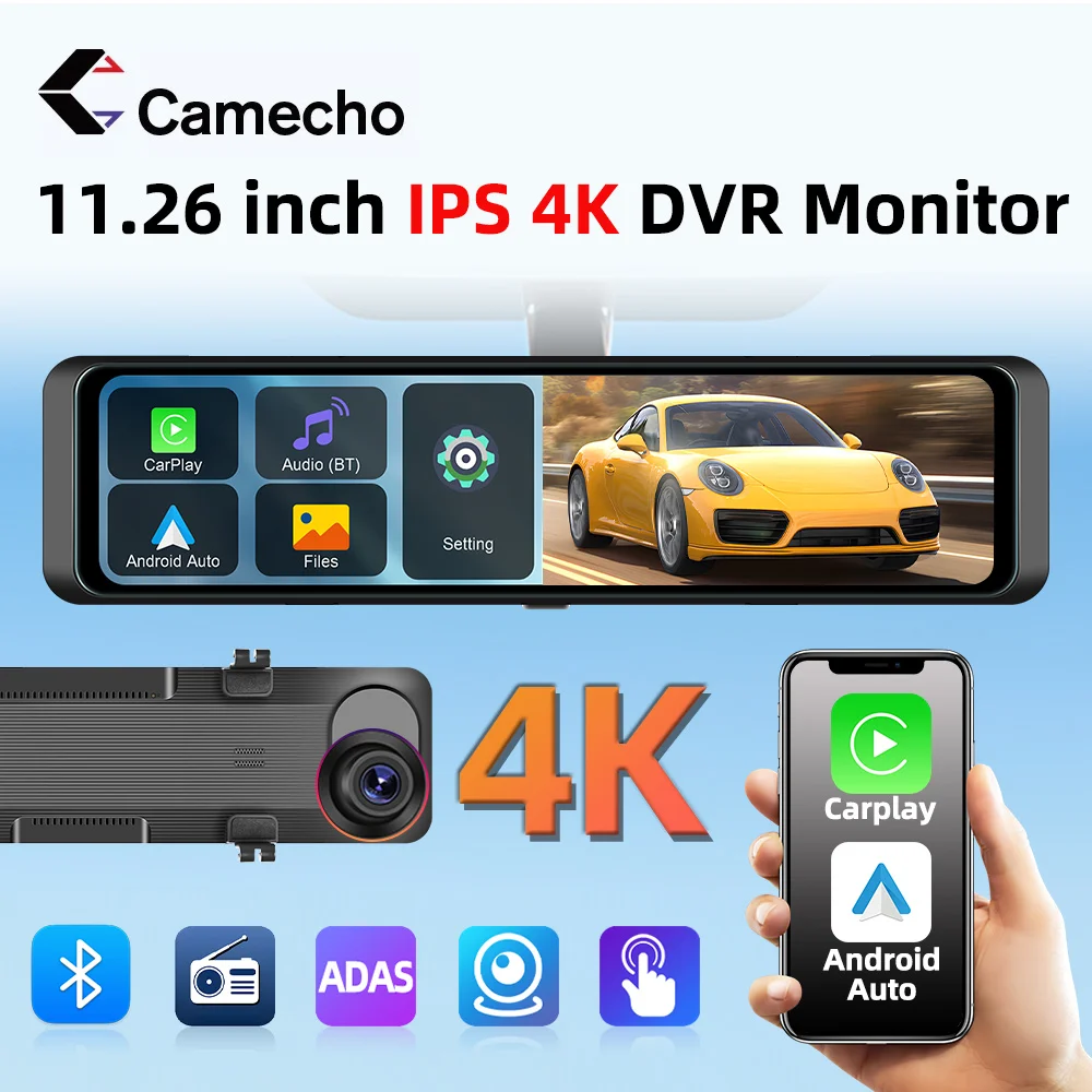 

Camecho 11.26" Car Rear Mirror 4K Loop Recording Front DVR Cam Wireless Carplay Android Auto with Backup Parking Rearview Camera