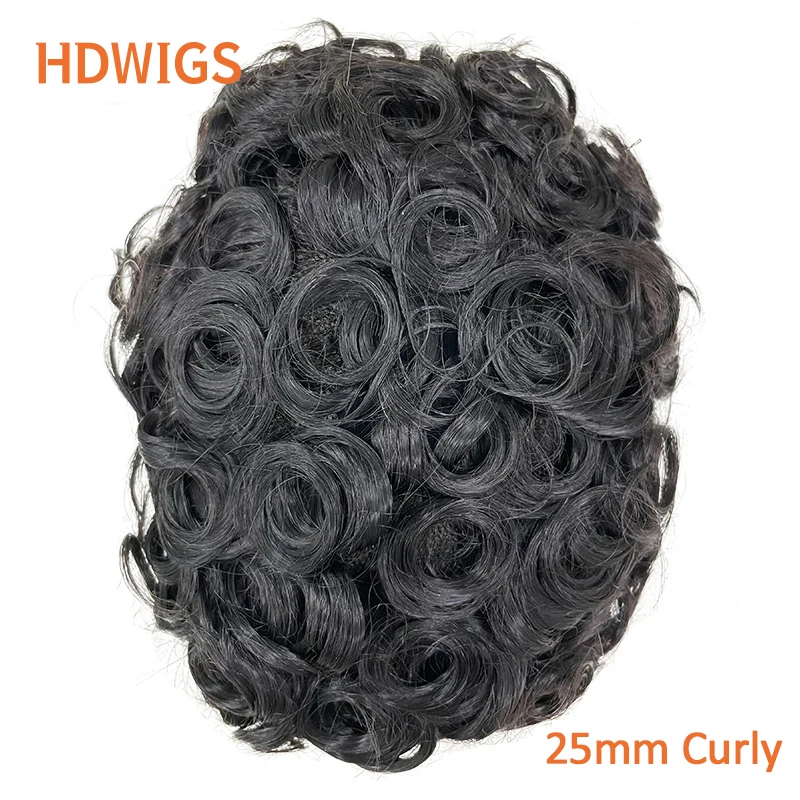 25mm Curly Men Toupee With Knot Full PU 0.12-0.14cm Thin Skin Capillary Prosthesis Indian Human Hair Wig Curly Natural Hairpiece 5