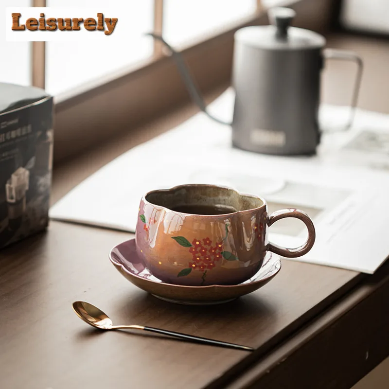 200ml Hand-painted Small Flower Coffee Mug With Plate Latte Cereal Mug Afternoon Tea Mug Cup Saucer Kit Office Water Cup Teaware