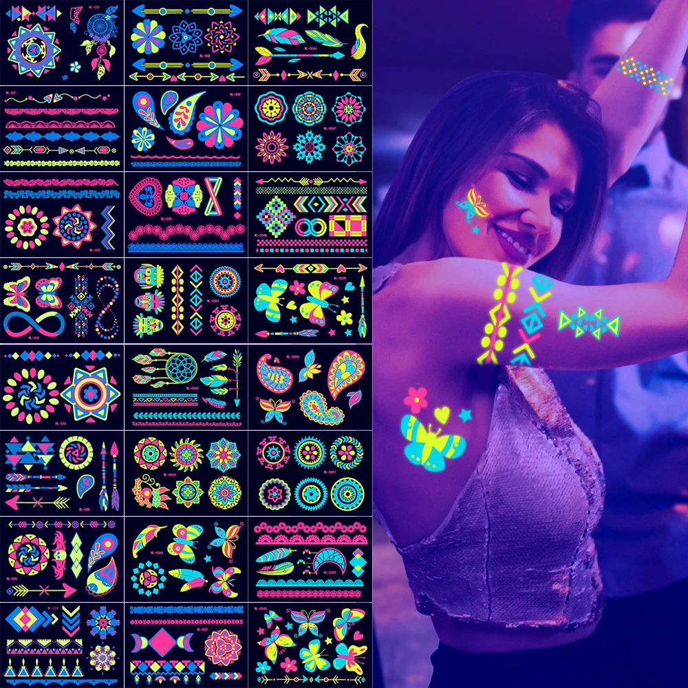 Tattoo Sticker 12/24pcs Luminous Temporary Tattoos Stickers UV Neon Fluorescent Glow in the Dark For Body Face Party Accessorie