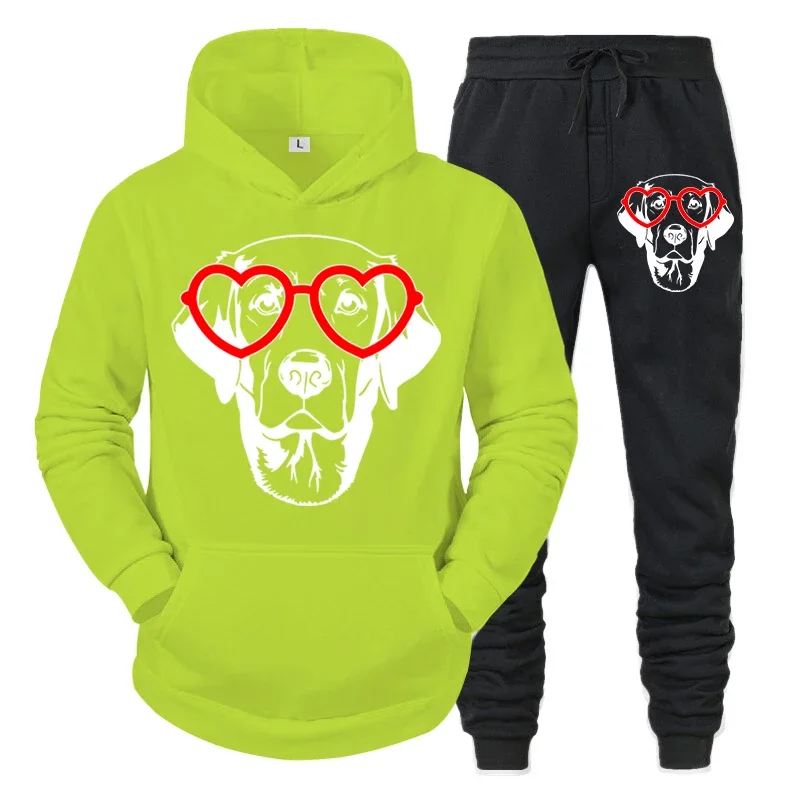 thumbnail image 1 of Conjunto de dos piezas con estampado de perro divertido y gafas de corazón para hombre, sudadera de manga larga a la moda de otoño y pantalones deportivos con cordón, 1 of 4