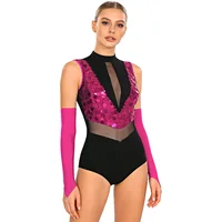 Women Sequin Dance Leotard Gymnastics Figure Skating Ballet Dance Performance Outfit Sheer Mesh Bodysuit with Gloves Dancewear - Image 2