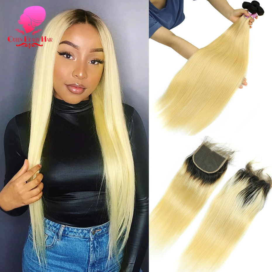 QUEEN BEAUTY 3 Bundles and Closure 2 Tone Dark Roots 1B/613 Ombre Blonde Brazilian Straight Bundles Remy Human Hair with Closure
