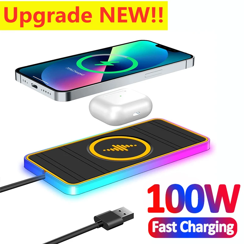100W Car Wireless Charger Mat RGB 7 lights NonSlip Pad for iPhone 14