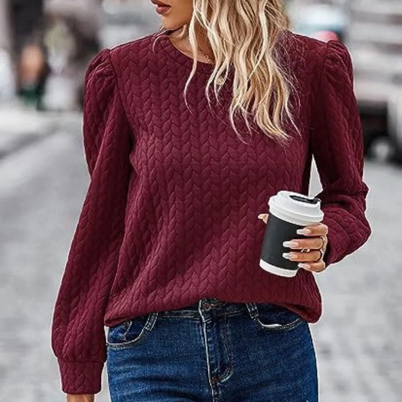 Autumn and Winter Women's Pullover Round Neck Bubble Loose Solid Fried Dough Twists Backing Shirt FashionLong Sleeve Sweater
