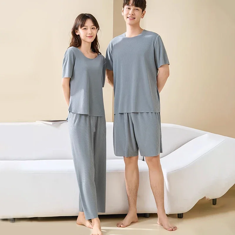 Ice Silk Seamless Pajamas Sets Summer Casual Round Neck Short Sleeved Couple Cool Sleeping Pants Ultra-thin Home Suit Set women pajamas set women pajama suit cotton pajamas set