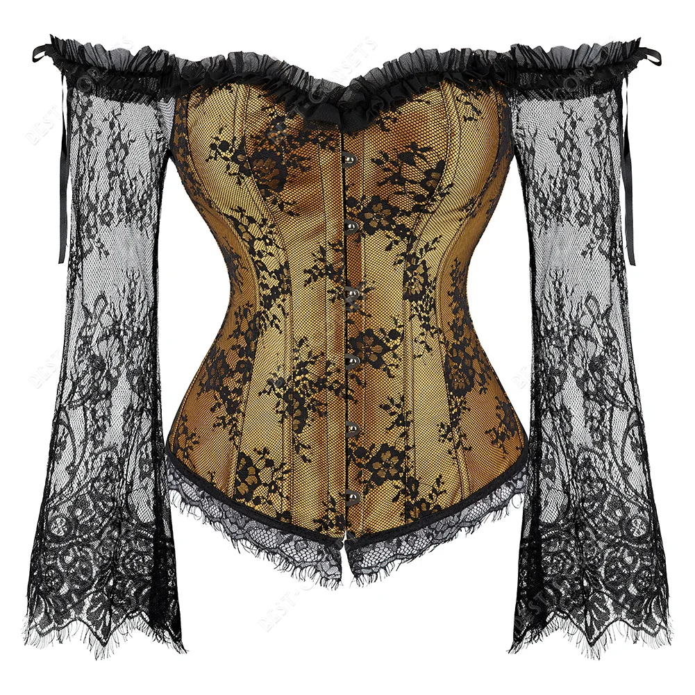 Gothic Corsets for Women Victorian Blouse Tops Off Shoulder Black Red Floral Corset Long Sleeves Lace Up Medieval Corset Bustier