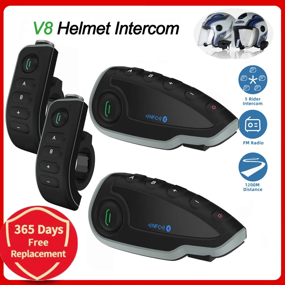 

V8 Motorcycle Helmet Headset For 5 Rider Bluetooth Intercom Headphone Moto Communicator Speaker Interphone Biker Remote Control