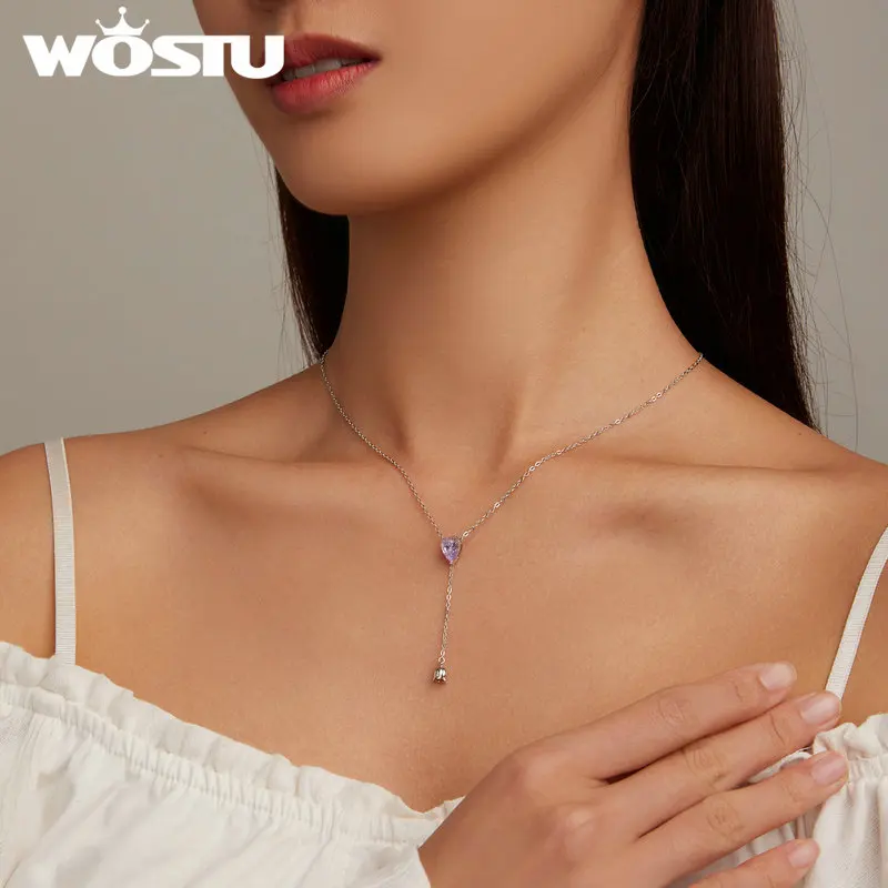 WOSTU 925 Sterling Silver Water-Drop Necklaces Purple Zircon Lily of the Valley Adjustable Chain For Women Gift Fine Jewelry 3