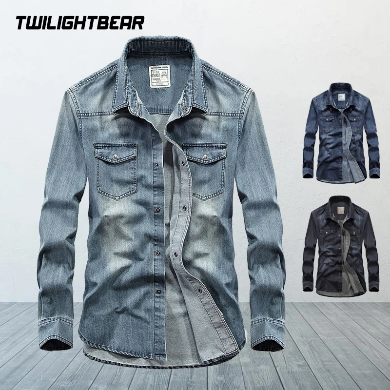 Men's Denim Shirt Long Sleeve Oversized Pure Cotton Overshirt Solid Casual Shirts Men Clothing 4XL A2F6522 denim shirt long sleeved shirt