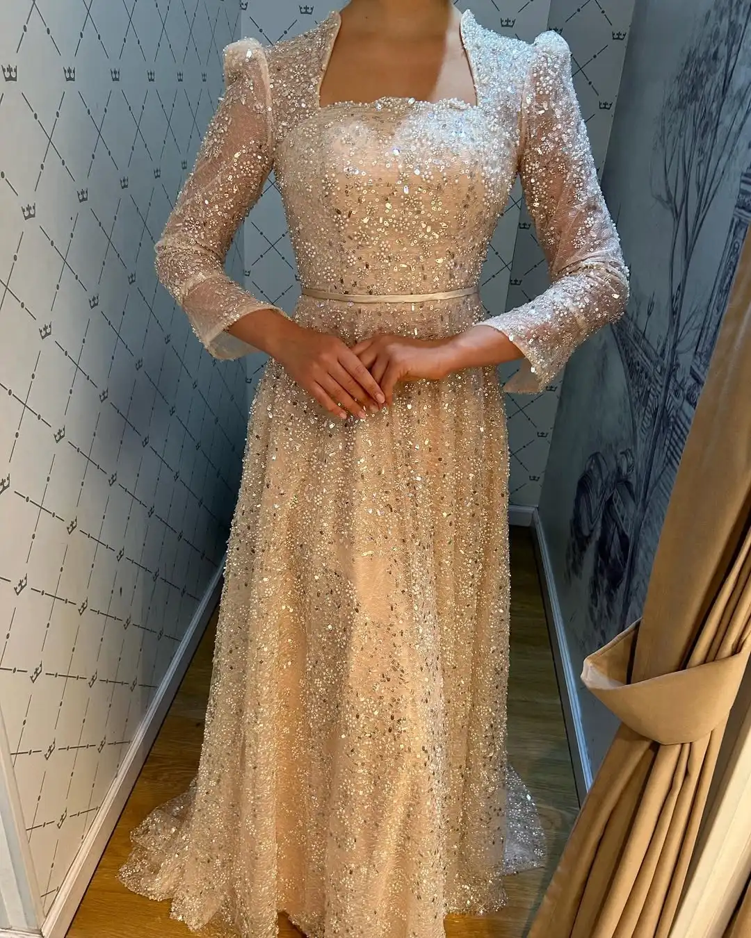 FATAPAESE Evening Gown Cape Tank Sleeve Crystal Beaded Square-neckline A-line Dresses Formal Party Pricness Gowns