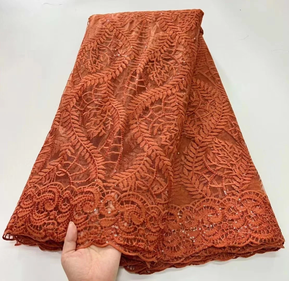 

African Lace Fabric 2023 Orange High Quality French Mesh Lace Fabric With Sequins Nigerian Lace Fabrics For Wedding Dress