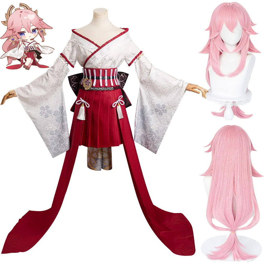 

Genshin Impact Yae Miko Cosplay Costume Wig Fantasy Women Kimono Outfits Halloween Carnival Suit