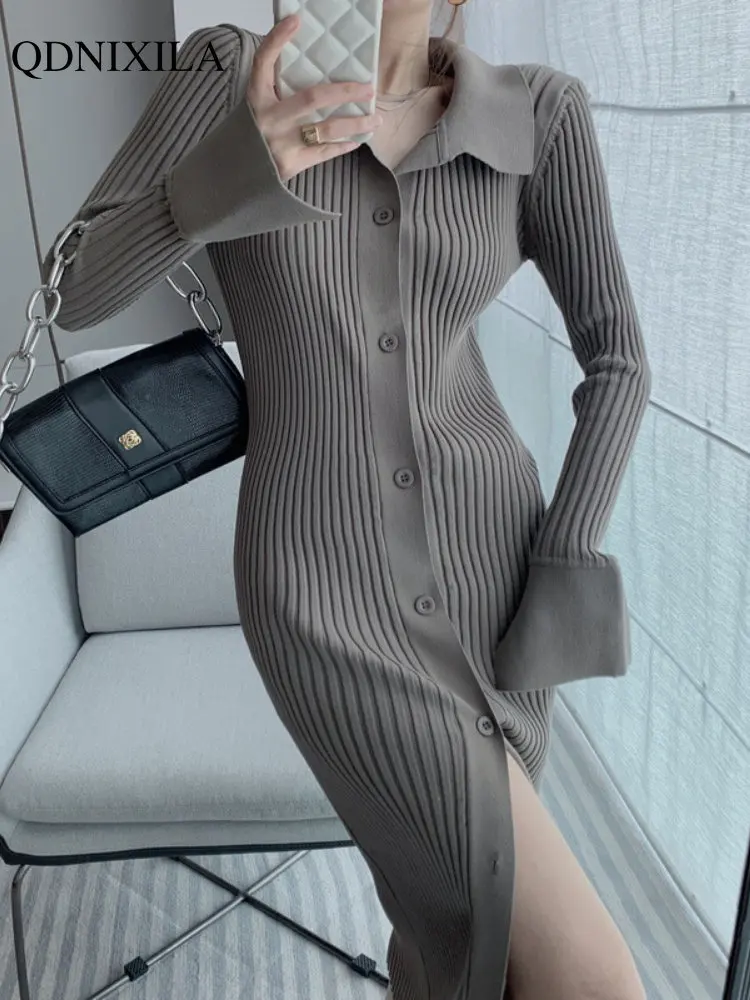 

2023 Autumer Winter Knit Casual Long Sleeve Button Elegant Chic POLO Collar Slim Sweater Dress for Women Vintage Korean Fashion