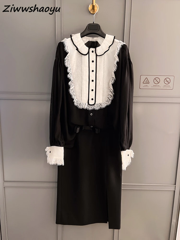 

Женский костюм с юбкой-карандаш, модельные дизайнерские черно-белые тонкие рубашки с кружевной отделкой и шелковая юбка-карандаш средней длины, лето