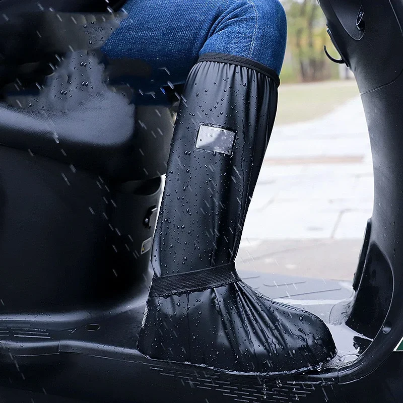 Cycling Motorcycle Waterproof Rain Shoes Boots Cover 40 CM High Tube Anti-Slip Reusable PU Leather Rain Protection Pants Covers