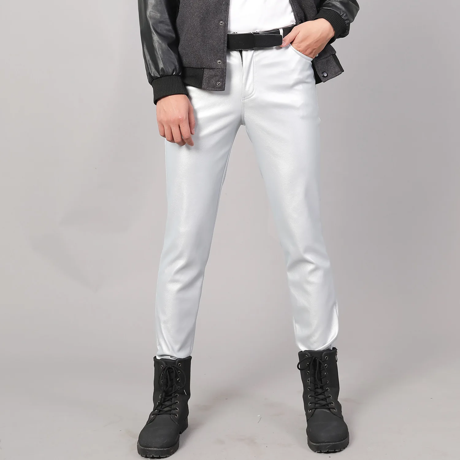 Mens Pant Elastic Slim Fit Fashionable and Moisture Resistant White Dance Performance Bar Hair Salon Leather Pants for Men 3