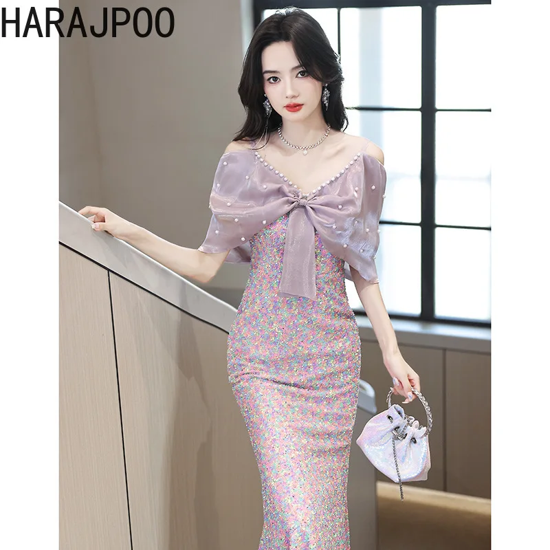 

Harajpoo Fashion Korean Banquet Style Evening Dress 2024 New High-end French Fishtail Host Light Luxury Niche Lady Vestidos