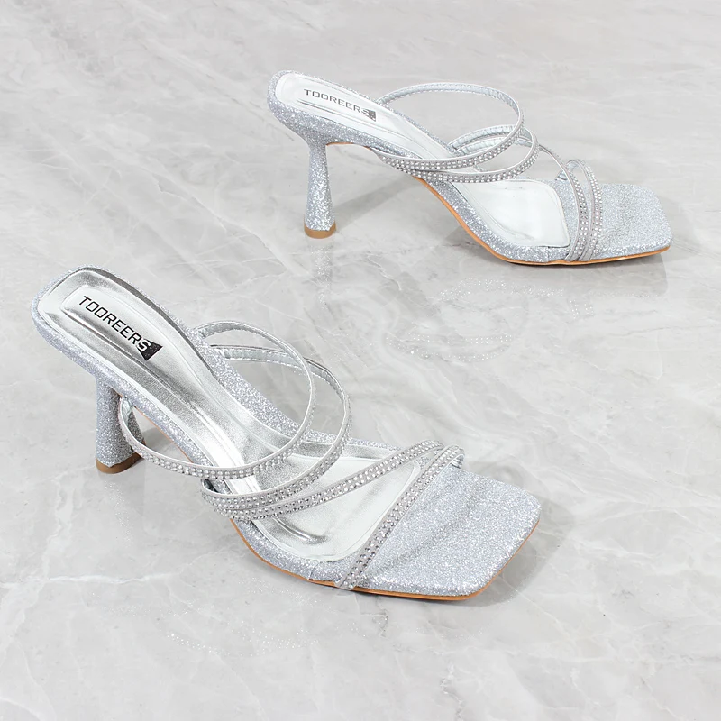 

Women's Shoes New Summer 2024 Shiny Sequin Cloth Strap Crystal Wedding Stiletto Slippers Fashion Party High Heel Women Sandals