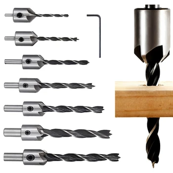 7+1PCS 3-Point Countersink Drill Bits 3-10mm + Hex Key, Fit Wood/Softwood/Hardwood/Plywood/MDF for Chamfering & Countersinking