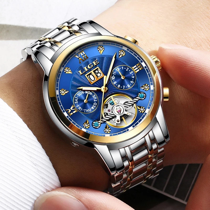 LIGE Men luxury Automatic Mechanical Watch Classic Business Watch Men Tourbillon Waterproof Men Wristwatch Relogio Masculino+Box
