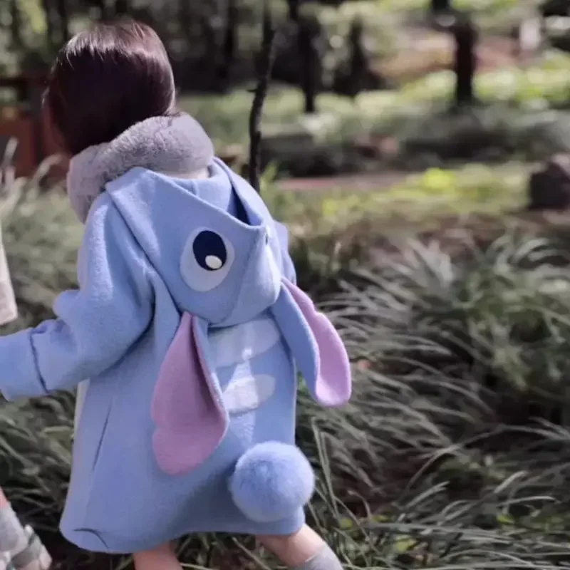 

Anime Stitch Disney Children's Coat Kids Hooded Sweatshirts Cartoon Warm Fashion Medium Length Velvet Thickening Girls Clothing