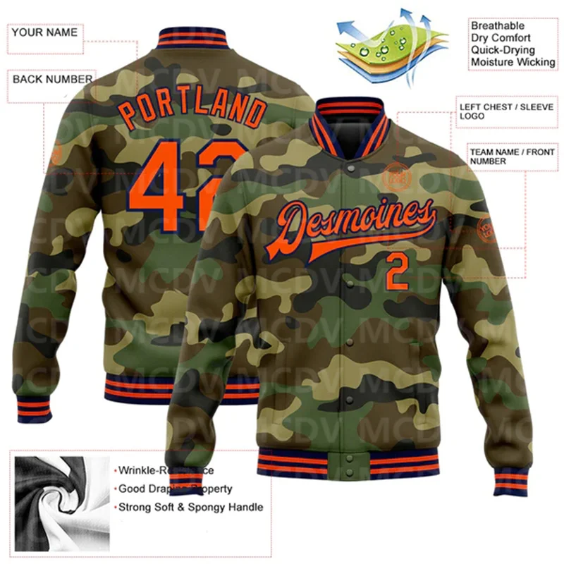 Custom Camo Orange-Navy Bomber Full-Snap Varsity Letterman Salute To Service Jacket