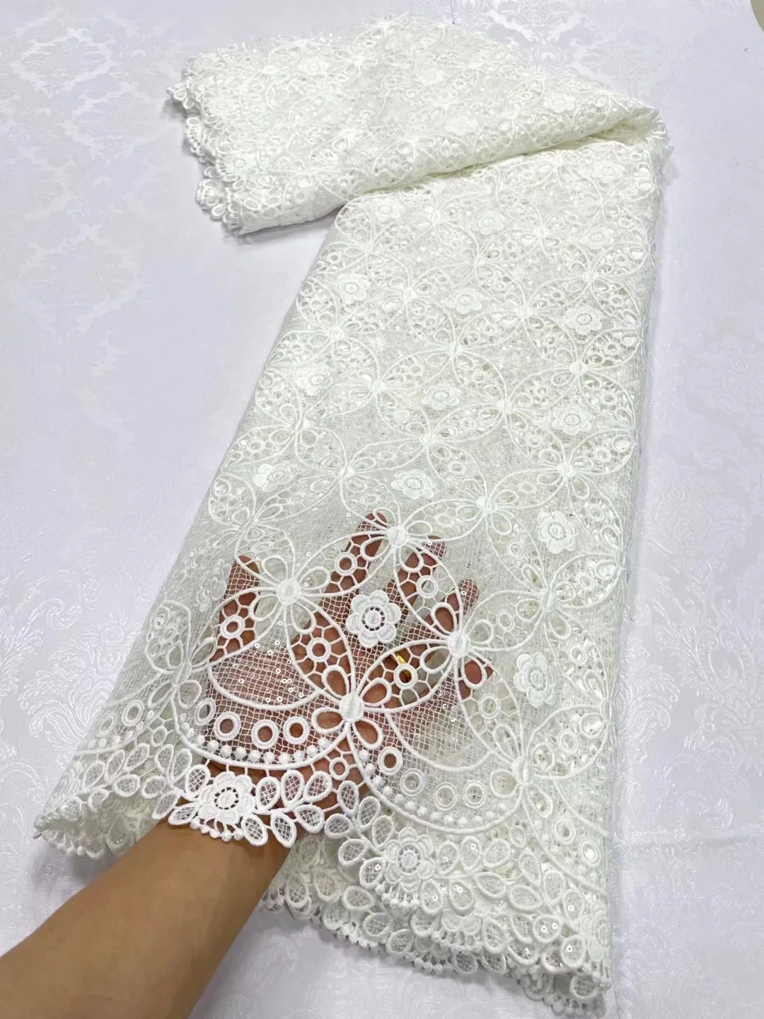 

Pure White Guipure Cord Sequins Lace Fabric 2023 High Quality African Water Soluble Lace Fabric For Women Evening Party Dresses