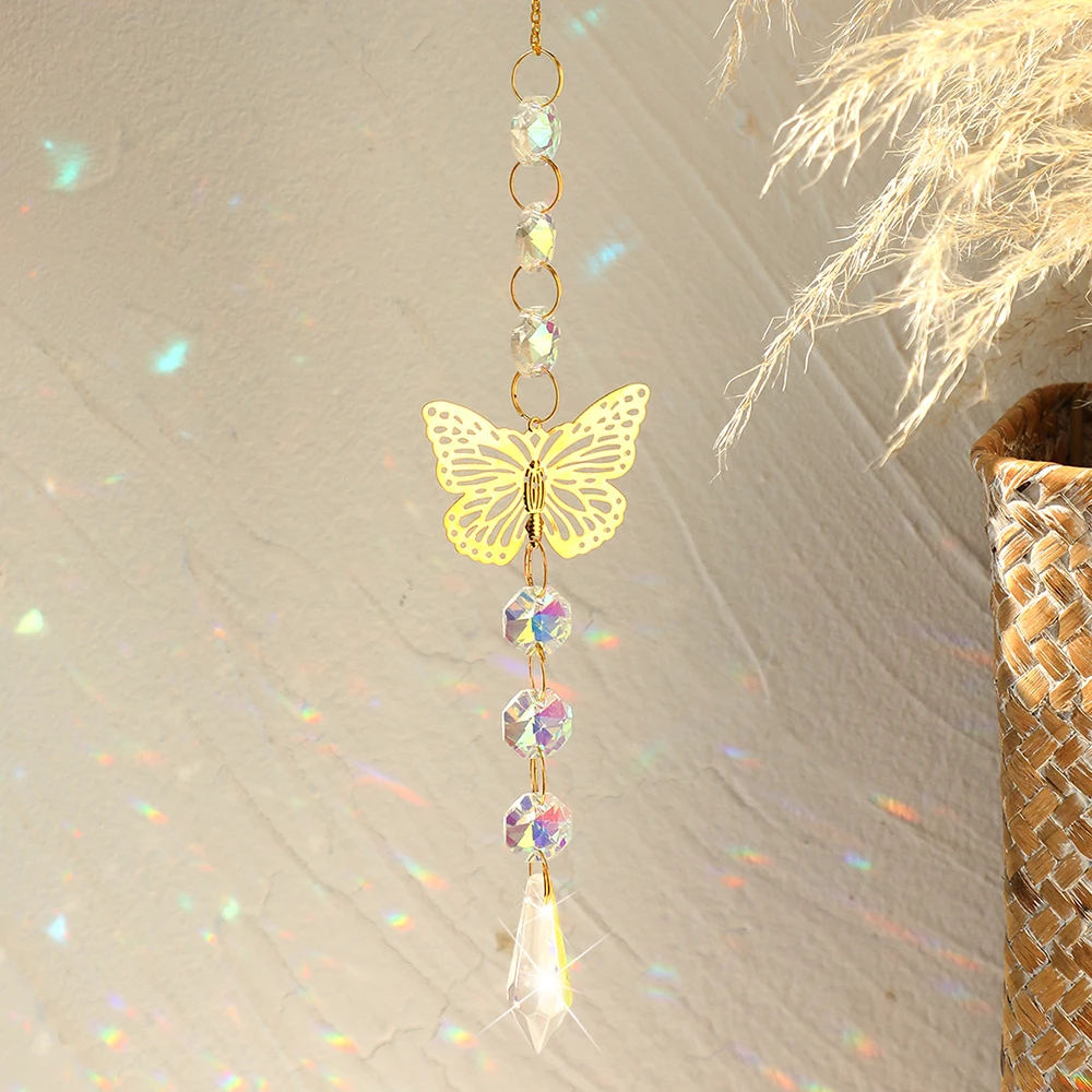 Attrape-soleil papillon doré, cristal, arc-en-ciel, décoration de