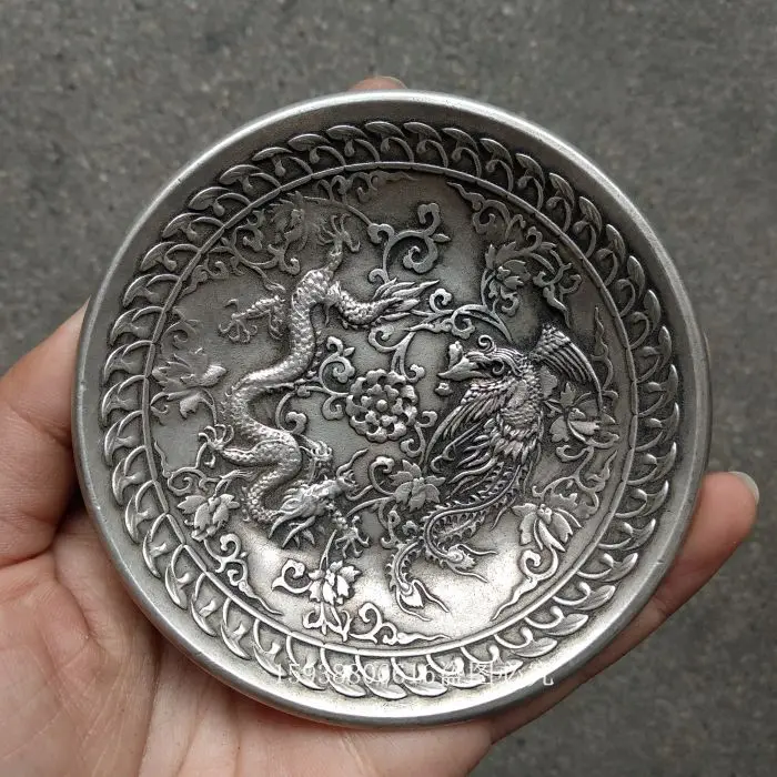 

Ware Collection: Antique White Copper Dragon Phoenix Plate with Xuan Character Bottom, Old Goods