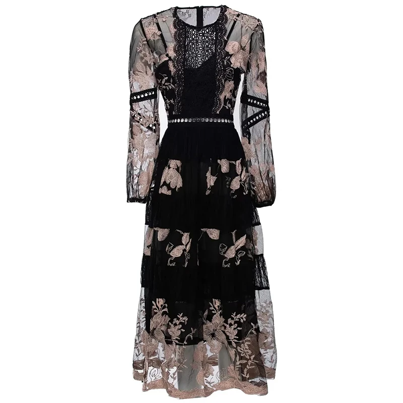 

Dresses For Women 2023 Runway Luxury Brand Elegant Spring Mesh Dress O-Neck Lantern Sleeve Flowers Embroidery Vintage Dress