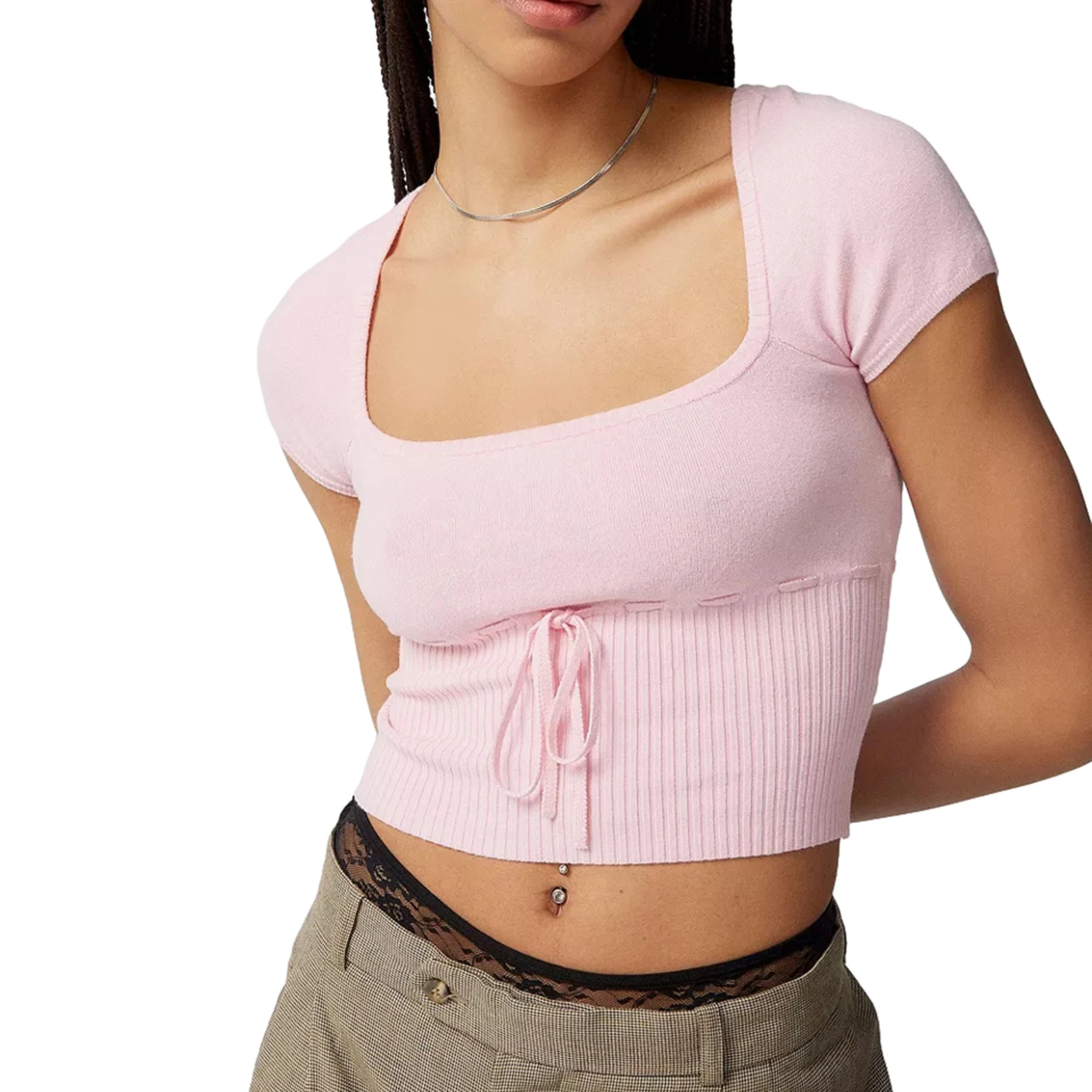 

Women's Summer Slim Crop Tops Solid Color Short Sleeve Square Neck Knit Drawstring T-shirt Streetwear
