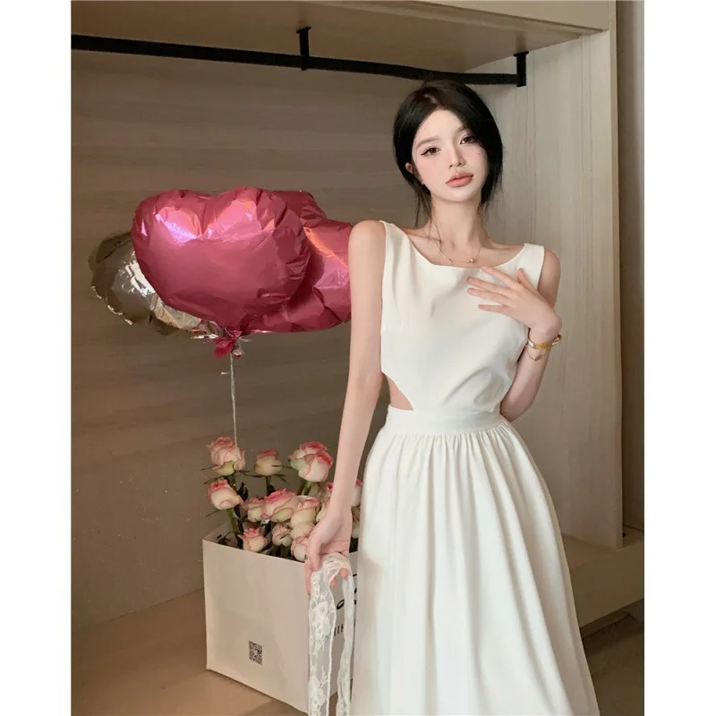 

Korea High Street Casual Thin White Sleeveless Dress Women 2023 Summer Loose Chic Split All-Match Mid-Length Dress