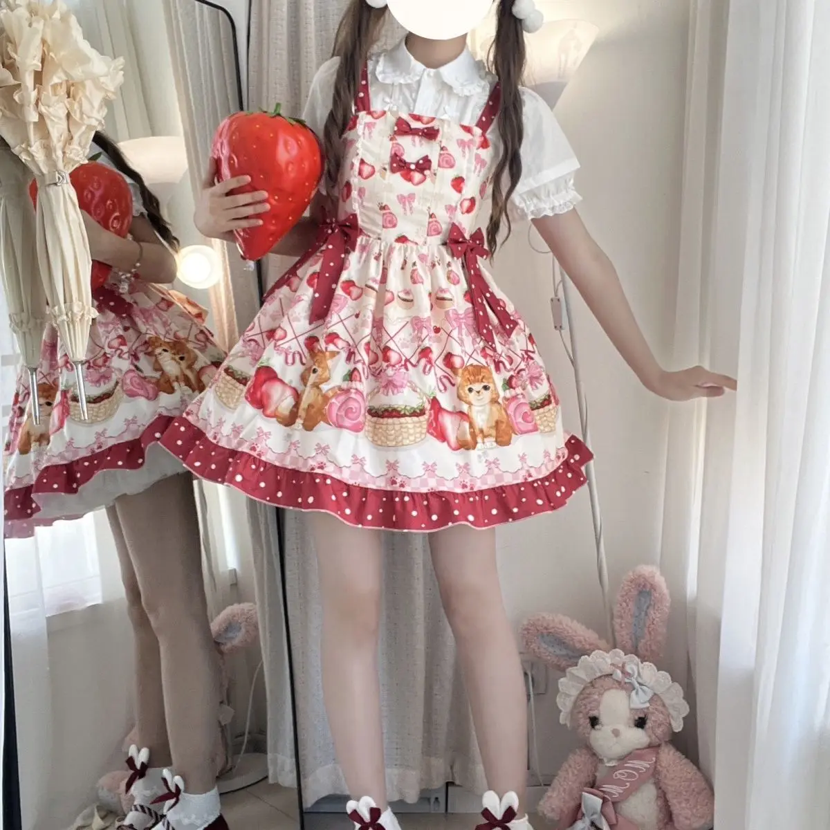 Lolita Jsk Dress Dress Sweet Cute Suspender Strawberry Cartoon Print Sleeveless Strap Dresses Girls Cute Y2k Lace Ruffles