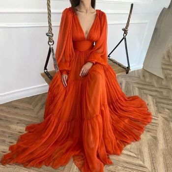 Bridalaffair Pleat Tulle Princess Prom Gown V-Neck Long Puff Sleeve Plus Size Evening Gown Elegant Dress Women for Wedding Party 1