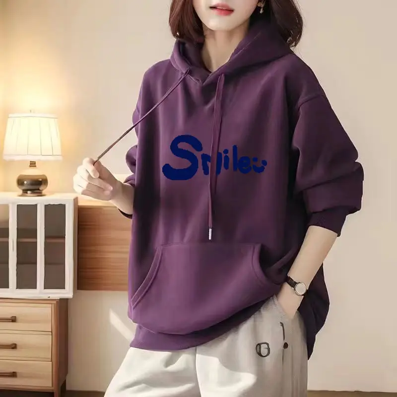 Autumn Winter Loose Casual Printed Cotton Hoodies Female Oversized Fashion All-match Pocket Top Women Drawstring Hooded Pullover