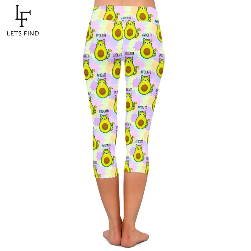 LETSFIND 2020 Summer Fashion High Waist Soft Fitness Leggings 3D Cute Cartoon Avocadov Printing Capri Leggings
