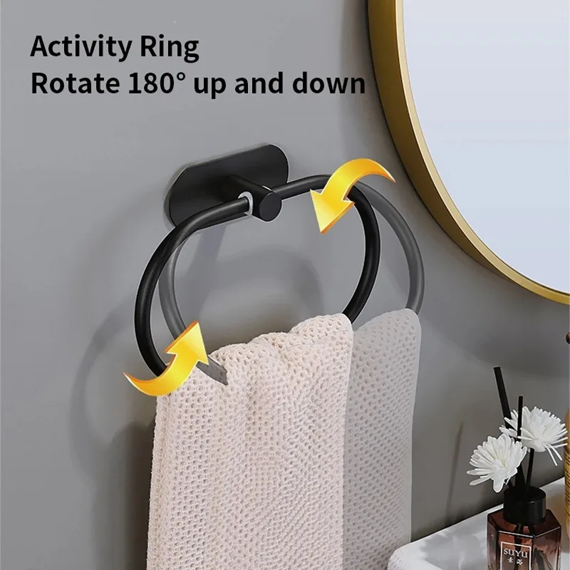 Stainless Steel Towel Holder Self-adhesive Bathroom Towels Rack Black Washhand Hanger Ring Rail Bar Kitchen Storage Accessories