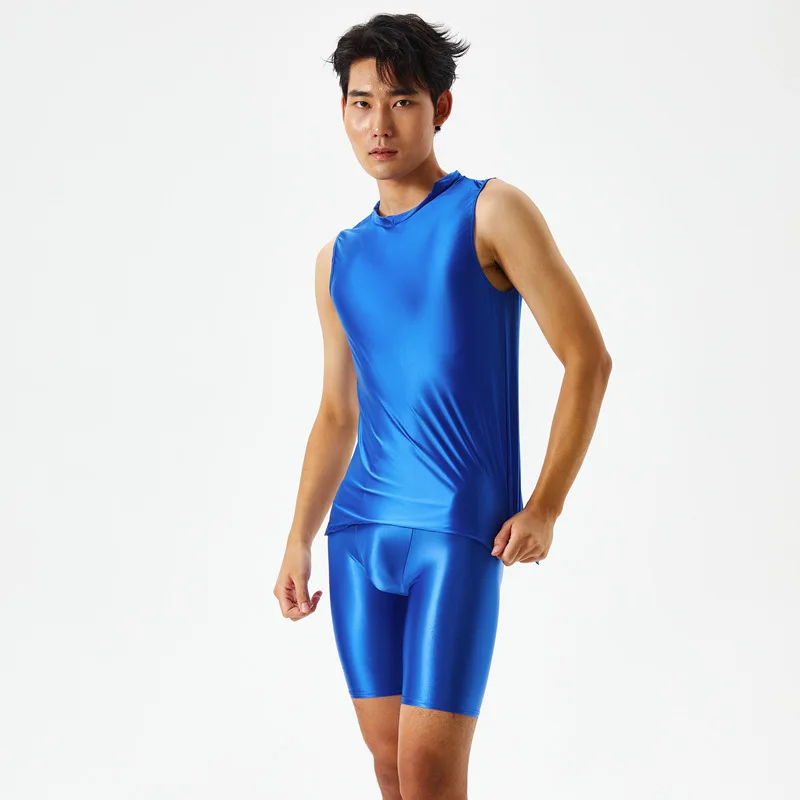 Men Silky Shiny Tight Transparent Vest Five-point Pants Oily Fitness Shorts Glossy Swimming Sports Yoga Suit Plus Size