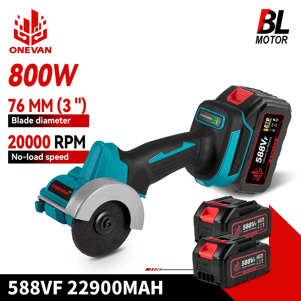 Angle Grinder ONEVAN Brushless Angle Grinder 76mm Speed Variable Cordless Electric Circular Saws Cutting Power Tool for Makita 18V Battery Pin