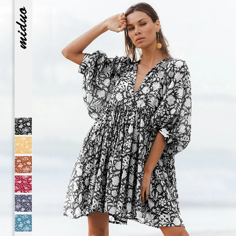 

Ladies V Neck Floral Print Dresses 2023 Fashion Style Beach Dress Women Half Sleeve Lacing Pleated Loose Summer A Line Dress