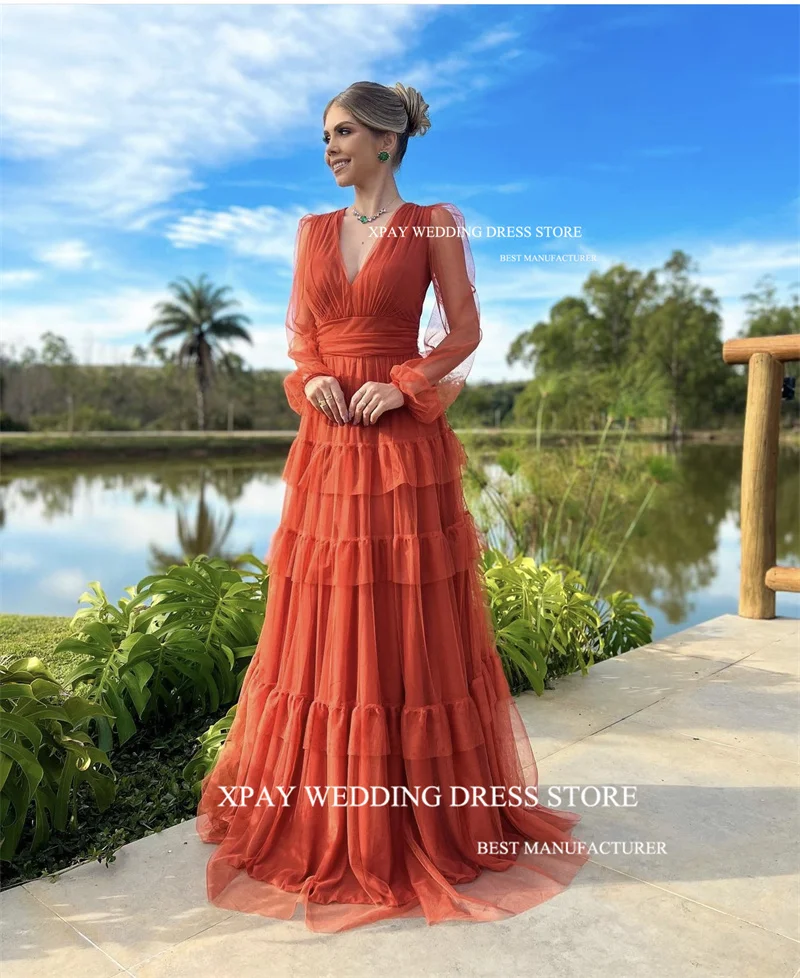 XPAY Modest Burnt Orange Tulle Prom Dresses V Neck Tiered Puff Long Sleeves  Arabic Women Vintage Evening Gowns Wedding Party - AliExpress 320