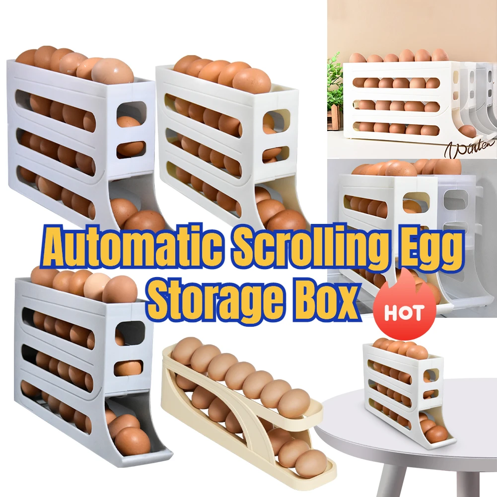 

2024 Automatic Scrolling Egg Rack Holder Storage Box Egg Basket Food Containers Egg Case Holder Refrigerator Storage Organizer