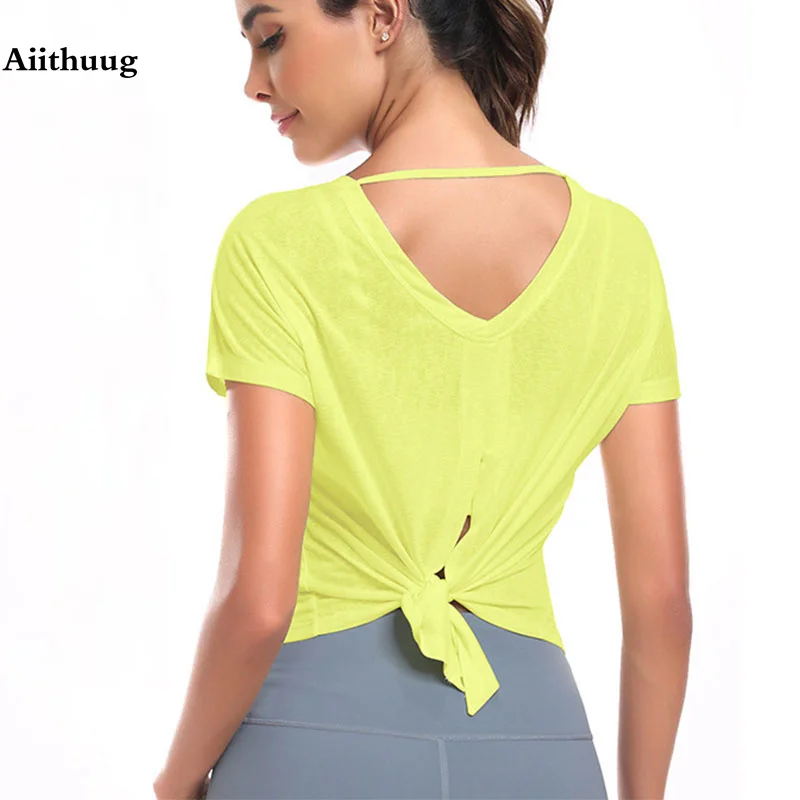 Aiithuug Sexy Back Yoga Top Yoga Camicetta Cool Feeling Quick Dry Gym Camicie Sport Yoga Manica Corta Felpa Sportiva