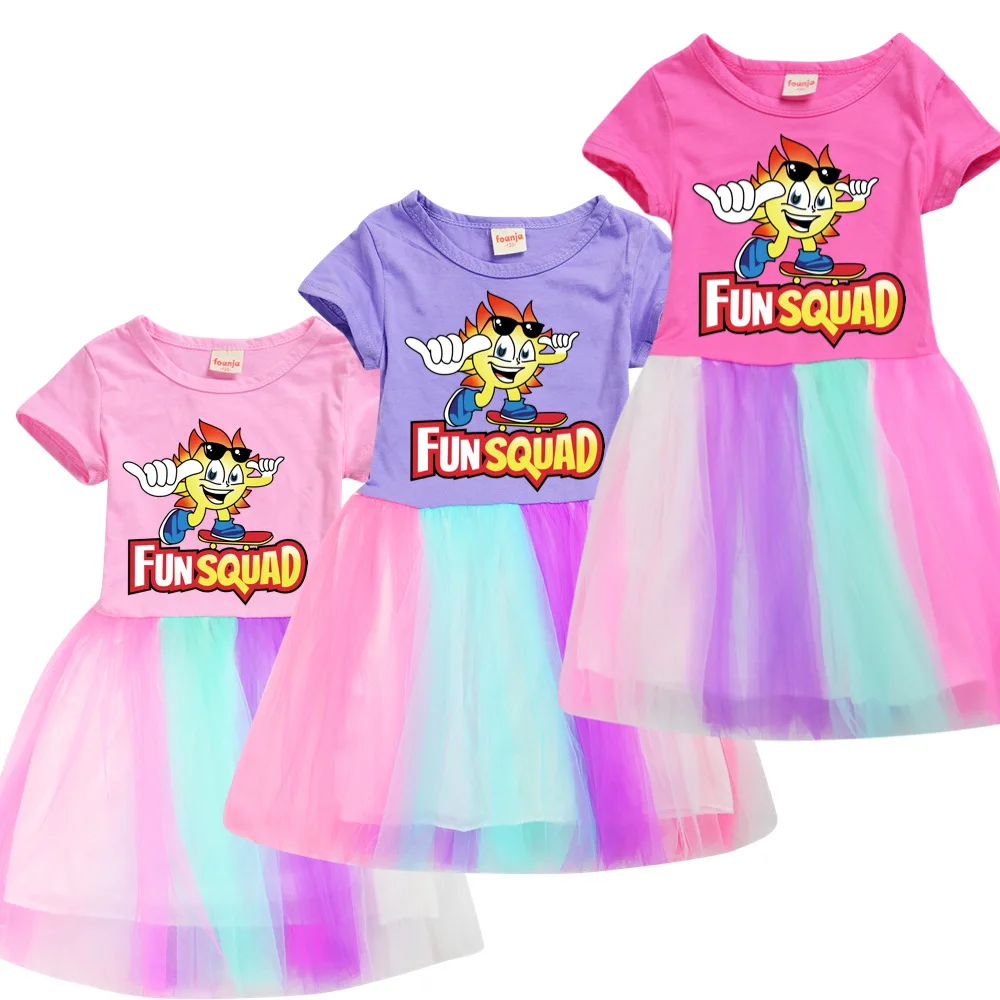 

Fun Squad Summer Girls Dress Flare Sleeve Kids Tutu Dress Patchwork Girls Party Vestidos Rainbow Cartoon Children Dress