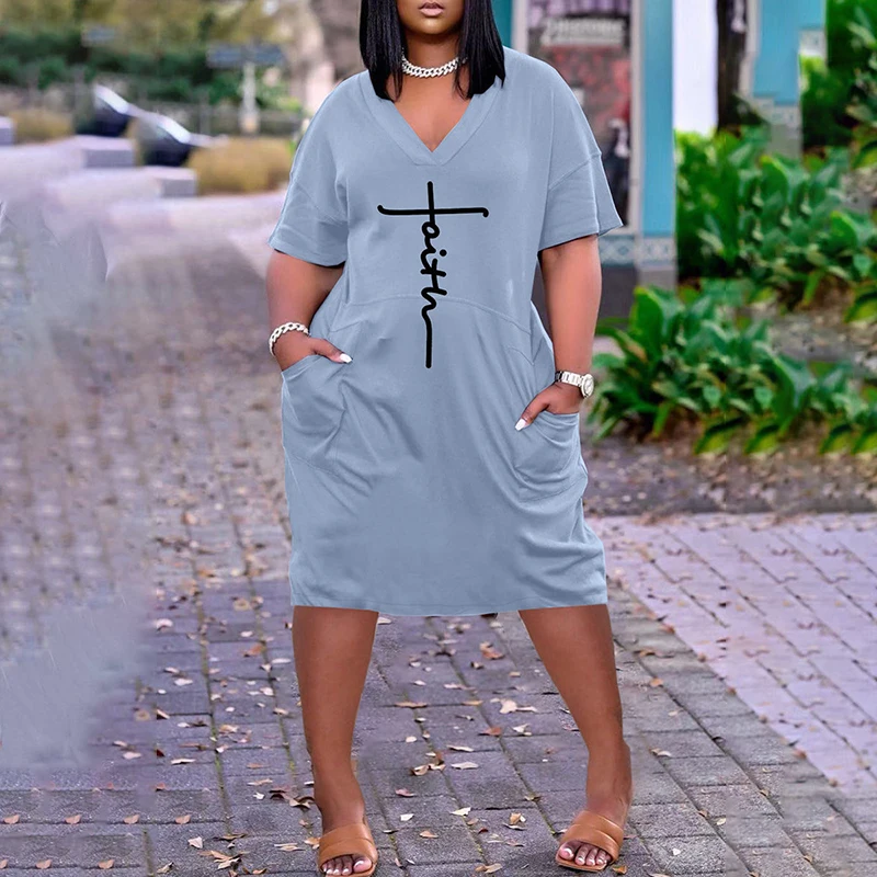 Plus Size Casual Print Basic V Neck Short Sleeve Midi Dress