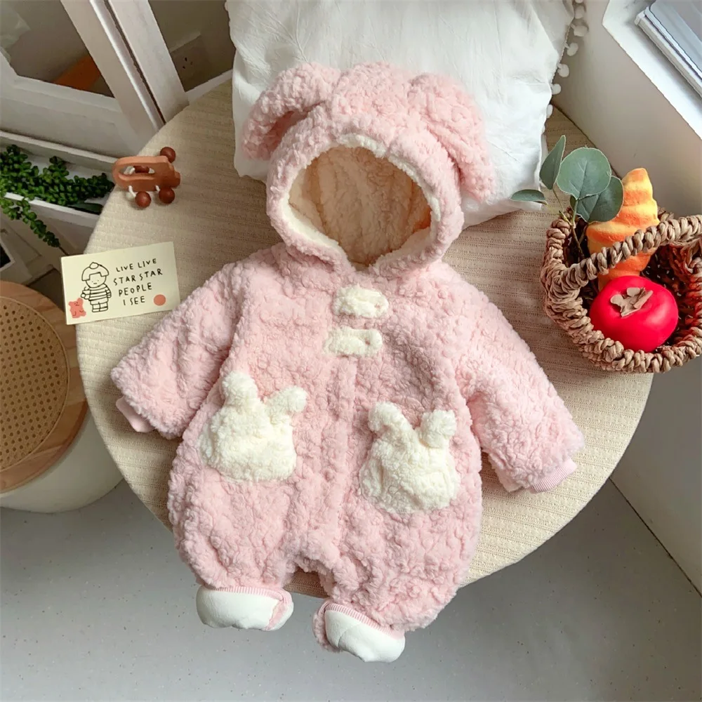 

Winter Newborn Girl Hooded Onesies Rabbit Ear Style Plush Warm Long Sleeve Baby Girl Bodysuit Thick Brushed Infant Girl Bodysuit