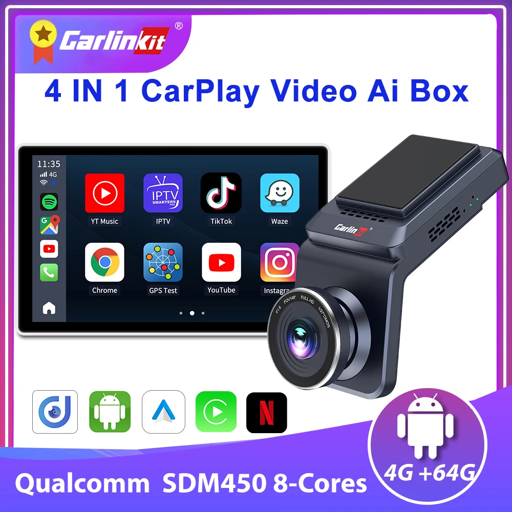 CarlinKit Dash Cam with Wireless CarPlay & Wireless Android Auto Adapter  Dash Camrea, 4G+64G, Built in GPS, Support , Netflix