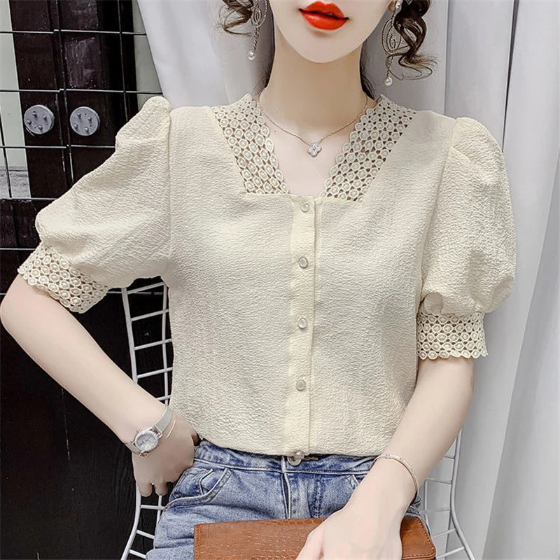 New 2023 Women's Summer French Style Sweet Lace Patchwork Elegant Shirt Trendy V-neck Short Sleeve Blouse Solid Chic Tops Blusas